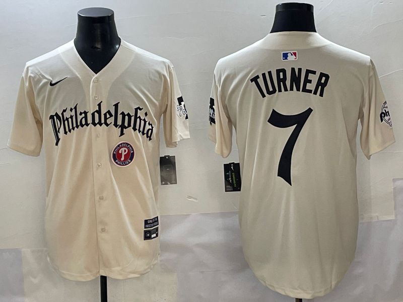 Men 2025 Philadelphia Phillies 7 Turner Cream Five generations Joint Name Nike MLB Jersey style 7